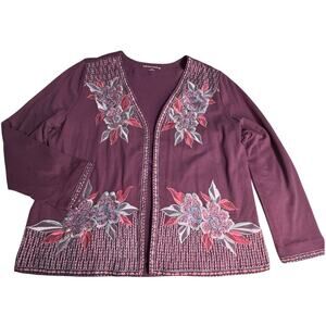 Soft Surroundings Playa Embroidered Jacket Open Front Dark Berry Mauve Women L